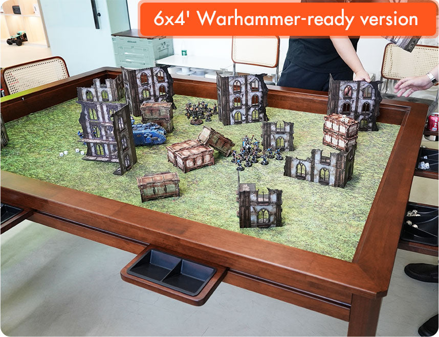 Kingswood 6×4 Warhammer-ready game table with miniature terrain and built-in storage tray | BoxKing Gaming

