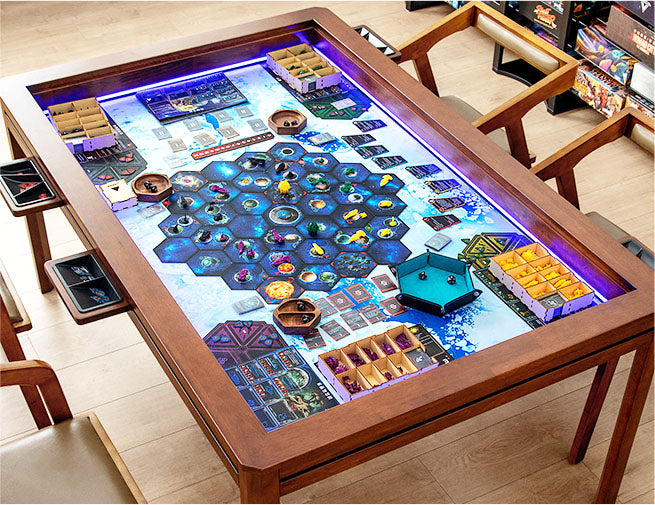 Kingswood game table with LED lighting and recessed vault displaying board game with hexagonal tiles | BoxKing Gaming
