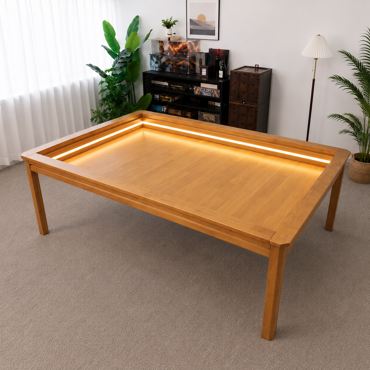 Oak 4x6 LED board game table with recessed play area for tabletop gaming