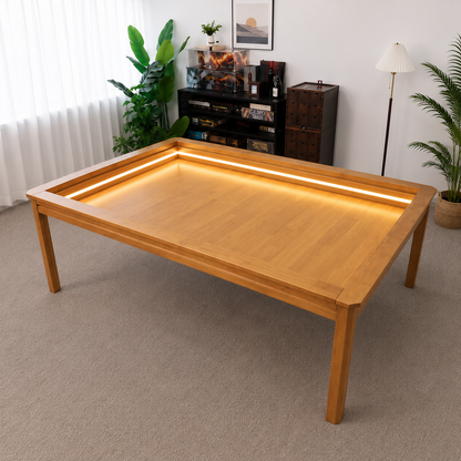 Oak 4x6 LED board game table with recessed play area for tabletop gaming