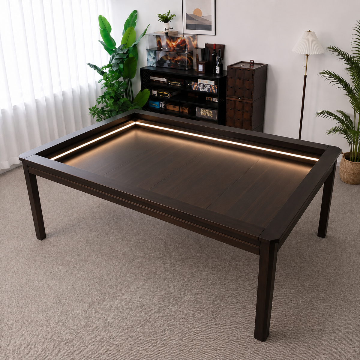 Walnut 4x6 LED board game table with recessed play area for tabletop gaming