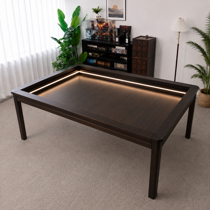 Walnut 4x6 LED board game table with recessed play area for tabletop gaming