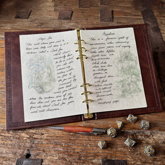 Parchment spellbook pages with original artwork