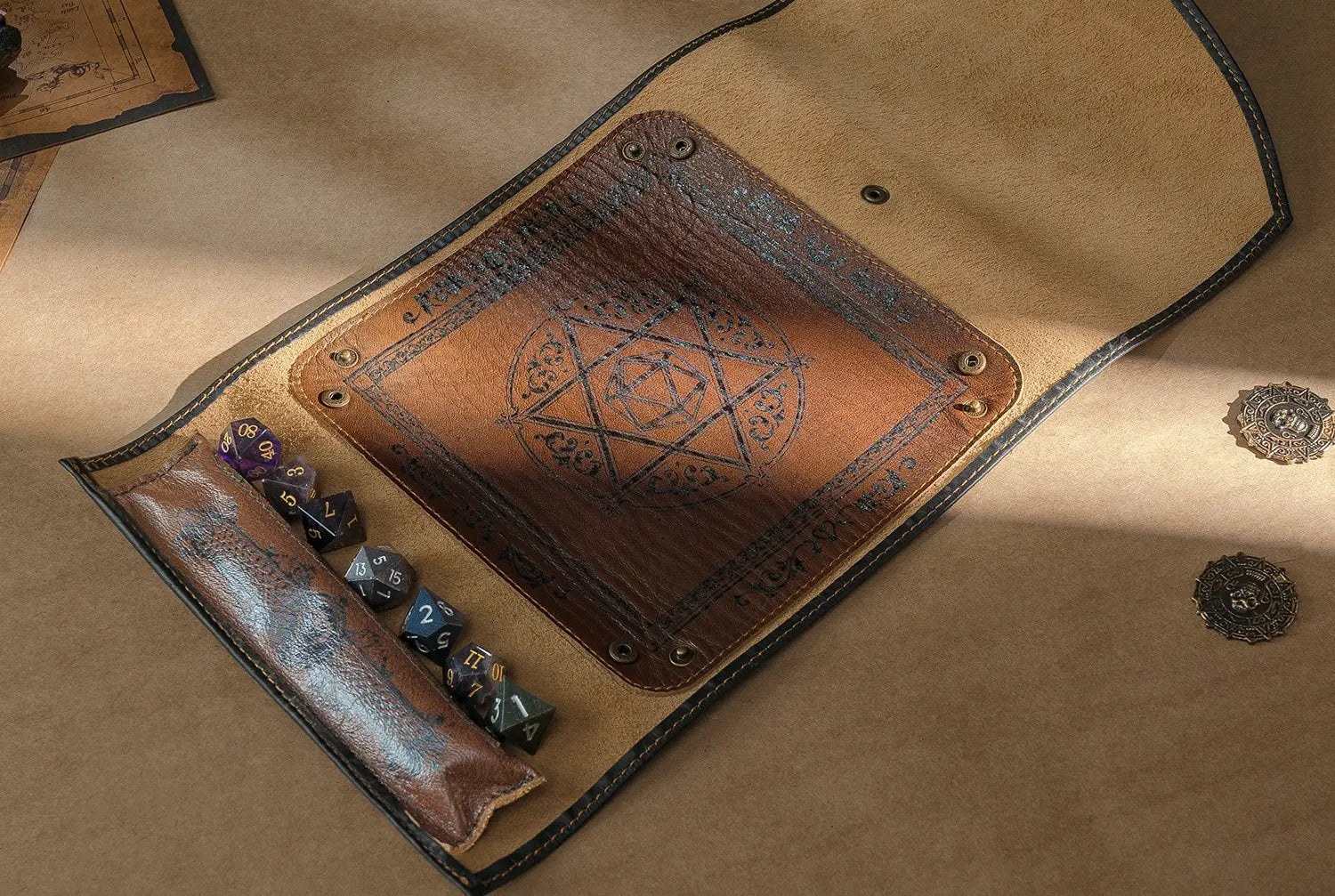 scroll of rolling portable leather dice tray