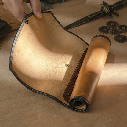 Unrolling leather dice tray for tabletop use
