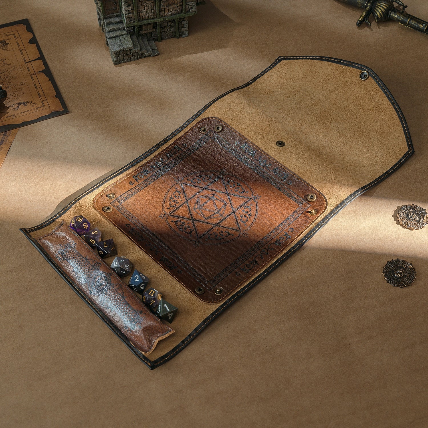 Flat leather dice mat ready for dice rolling