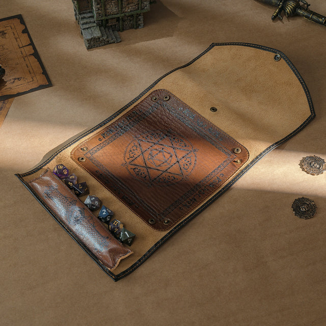 Flat leather dice mat ready for dice rolling