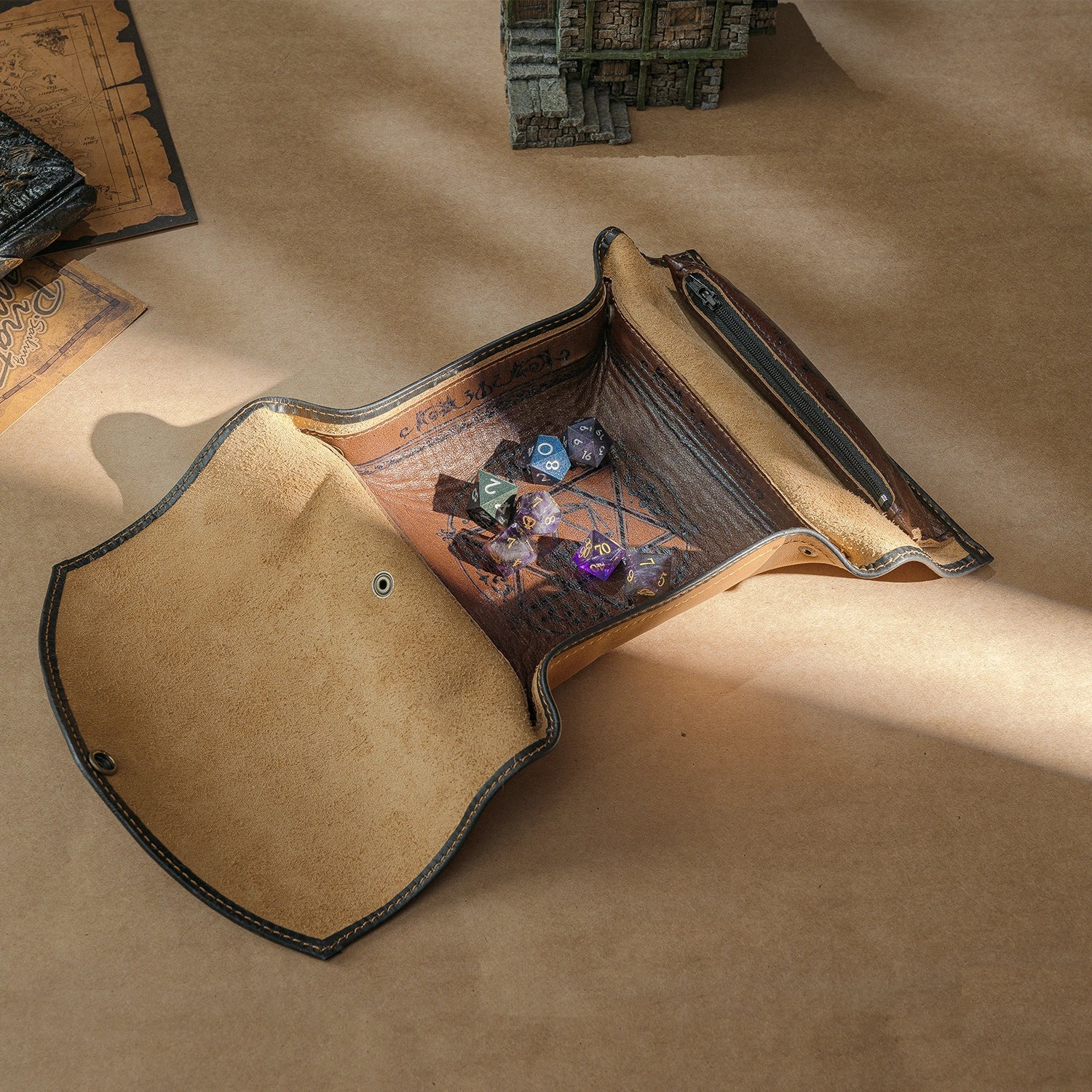 Dice tray in use with dice during gameplay