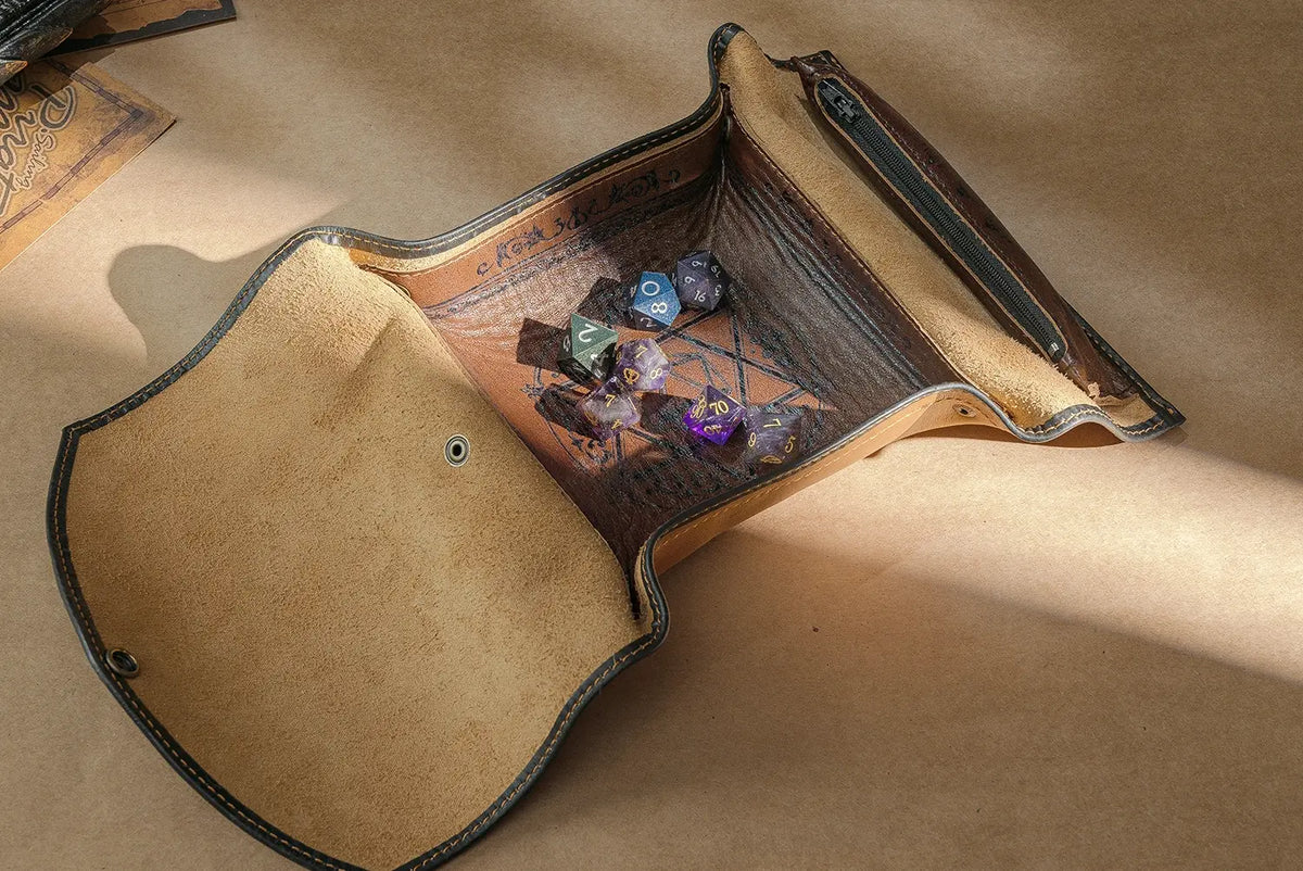 scroll of rolling portable leather dice tray
