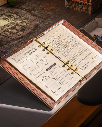Self-standing TTRPG adventure binder in use