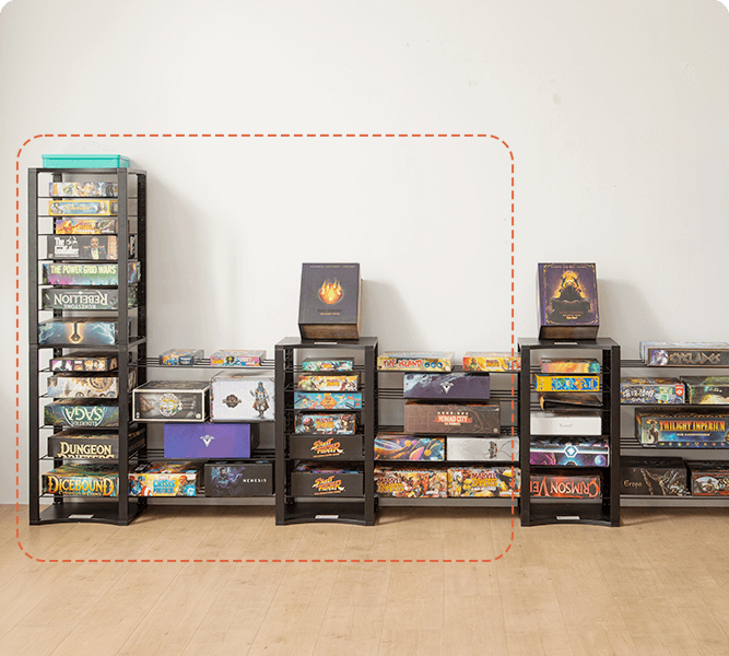 Stack of black curved plastic shelf inserts or modular board game shelf panels | BoxKing Gaming
