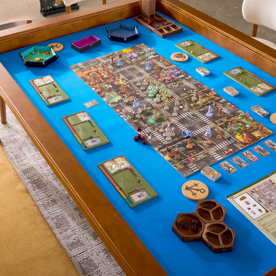 Kingswood 4x6' royal game table with a blue playing surface, wooden frame, and accessories.