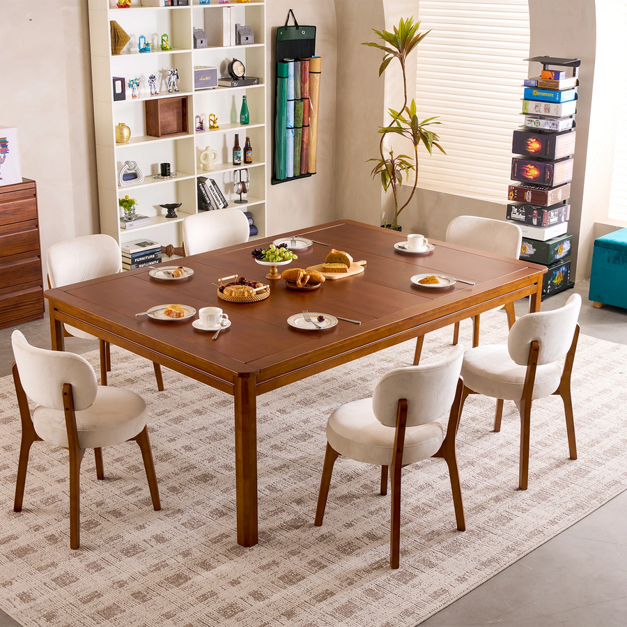 Kingswood 4x6' royal game table in solid rubberwood with six white chairs, set for dining.