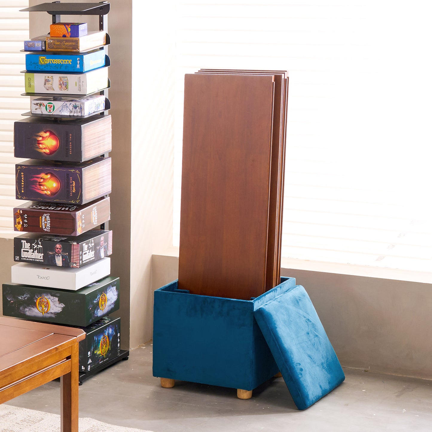 Blue topper and accessory storage box for board game tables and gaming components