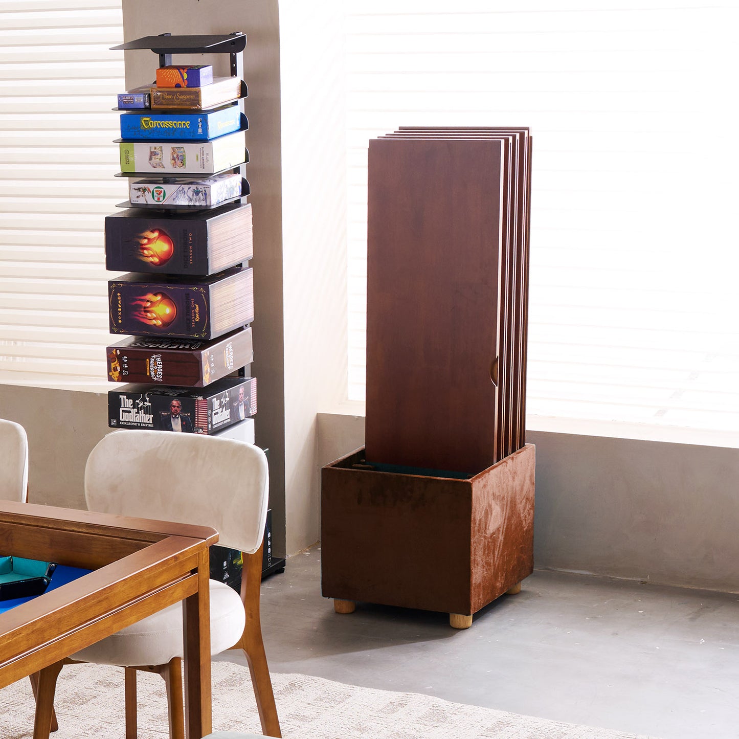 Oxhide topper and accessory storage box for board game tables and gaming accessories