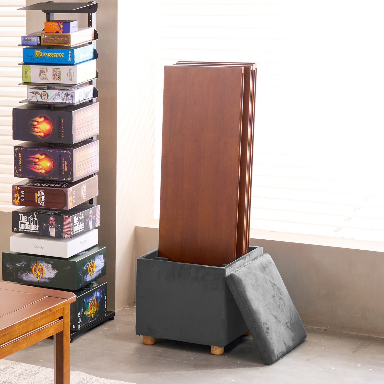Grey topper and accessory storage box for board game tables and tabletop accessories
