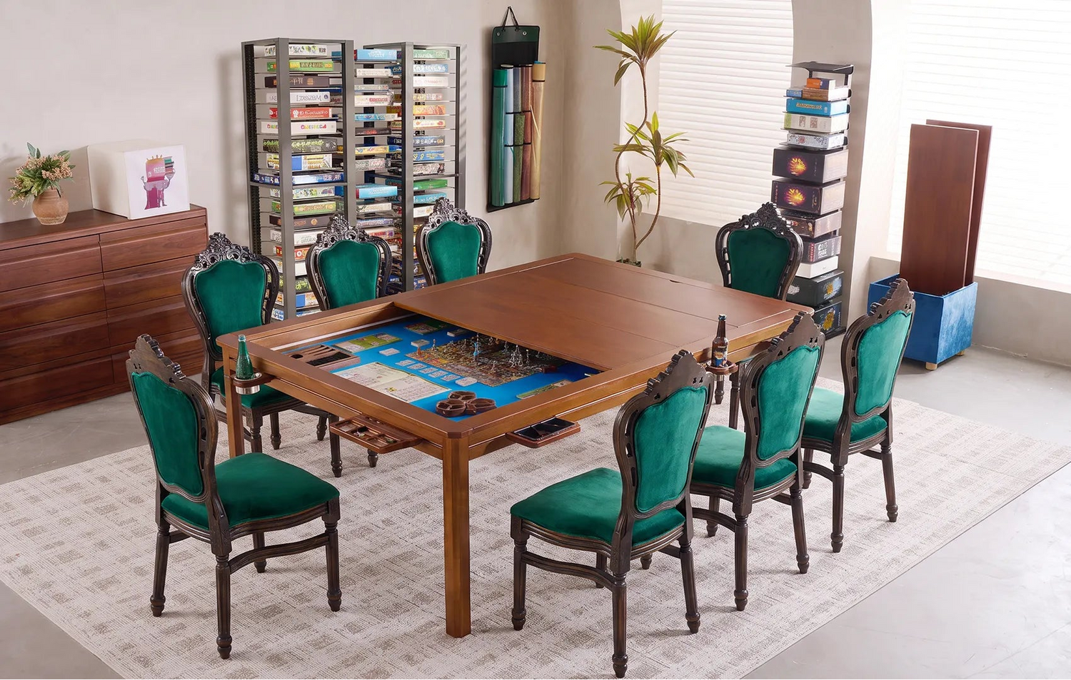 A wooden game table with a built-in game board in the center, surrounded by eight dark wood chairs