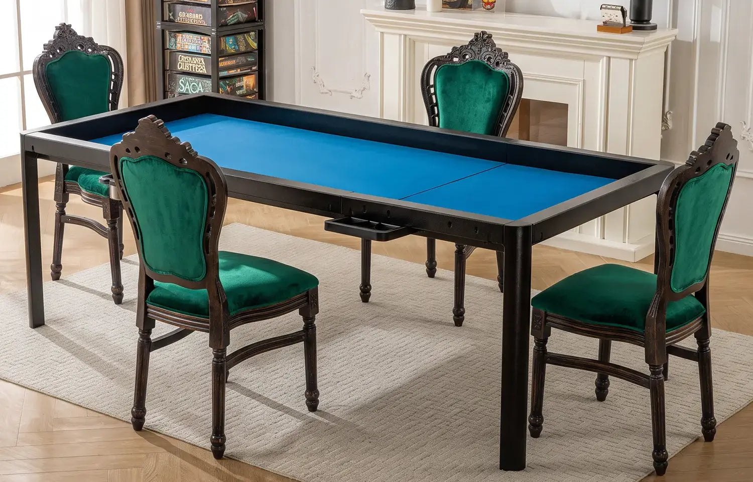 A rectangular game table with a bright blue felt playing surface